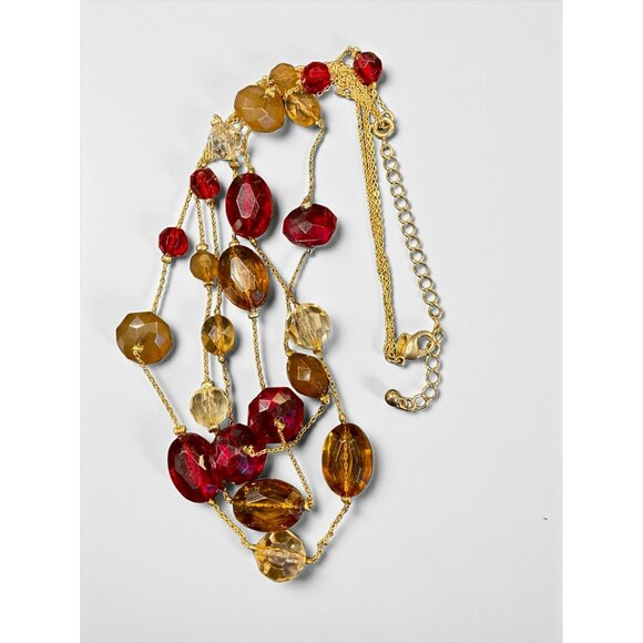 AVON SP Multi-Strand Gold Tone Necklace Red & Amber Beads -175 - Picture 2 of 2
